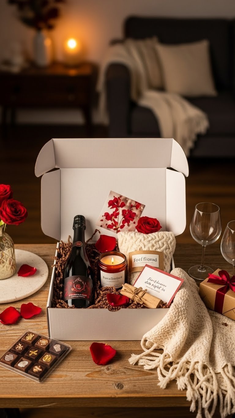 Romantic date night box with wine, chocolates, and cozy blanket arranged on rustic wooden table flat lay
