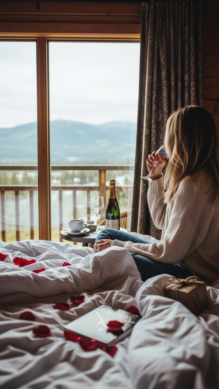Romantic getaway scene with luxurious hotel bed, champagne, and scenic view through window