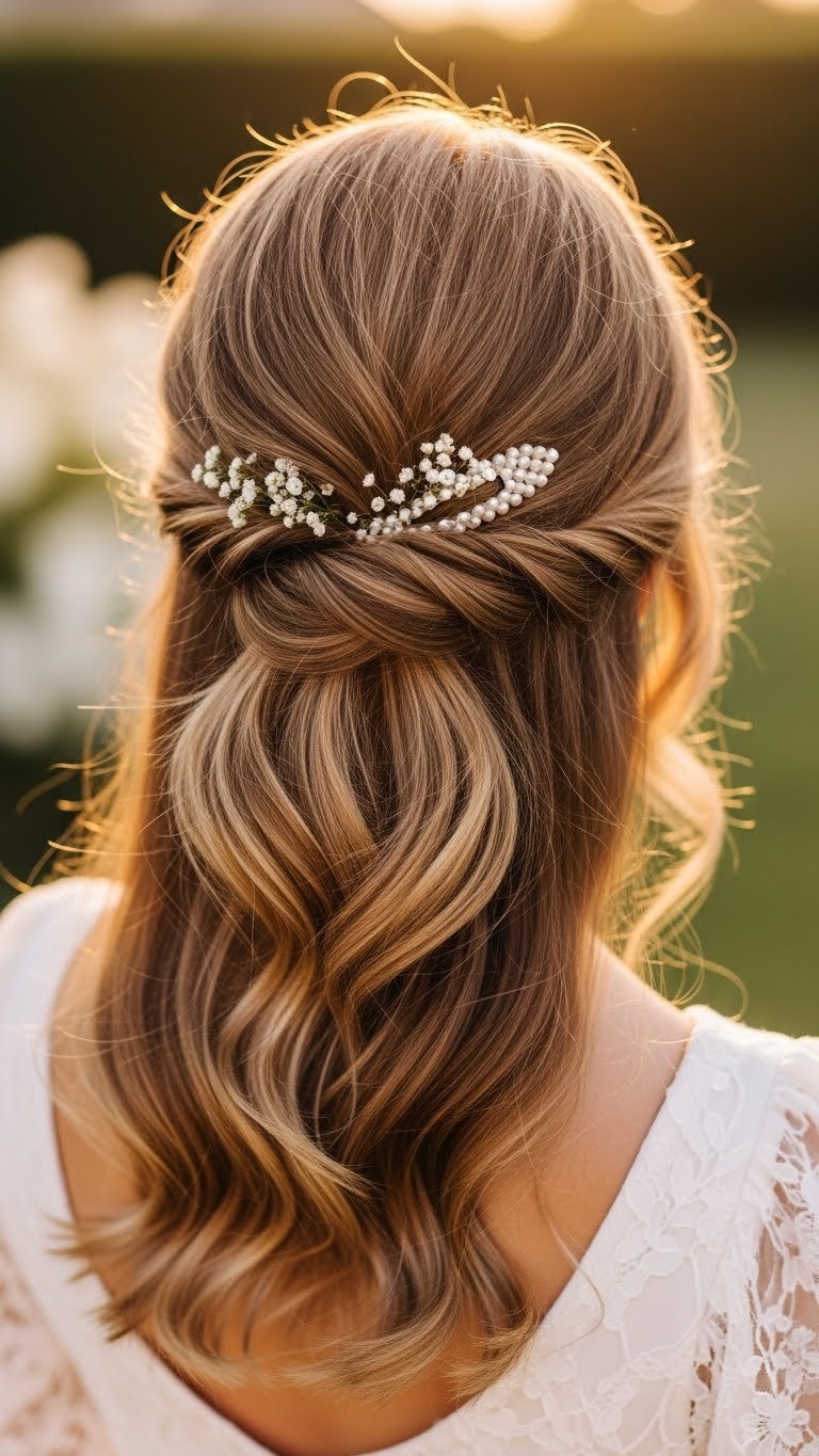 Romantic half-updo hairstyle with soft twist and fresh flowers in golden hour lighting