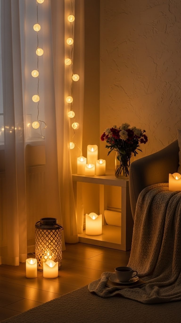 Romantic room lighting with fairy lights cascading down sheer curtains and flameless candles on shelf