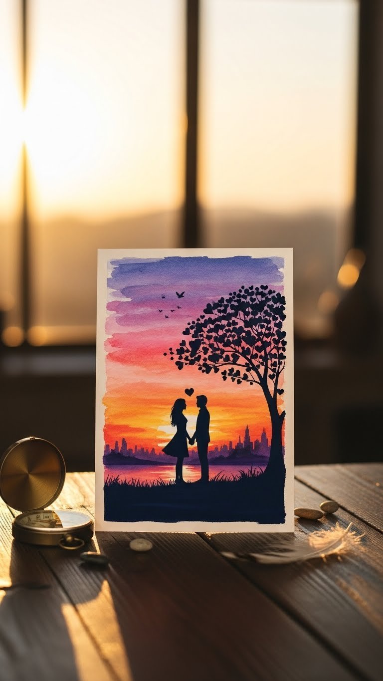 Romantic watercolor landscape silhouette with sunset gradient and couple holding hands