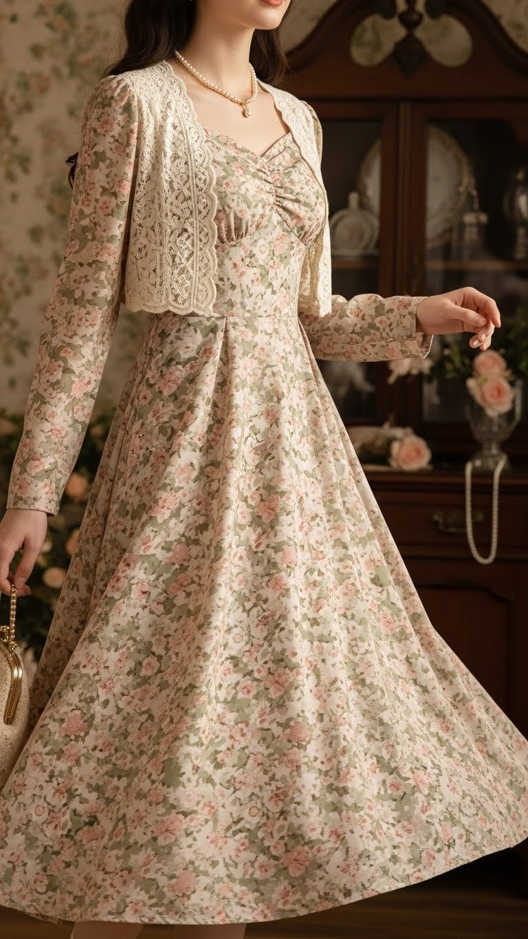 Romantic woman in vintage-inspired floral dress with muted pink and sage colors, twirling gently in antique-filled room setting.