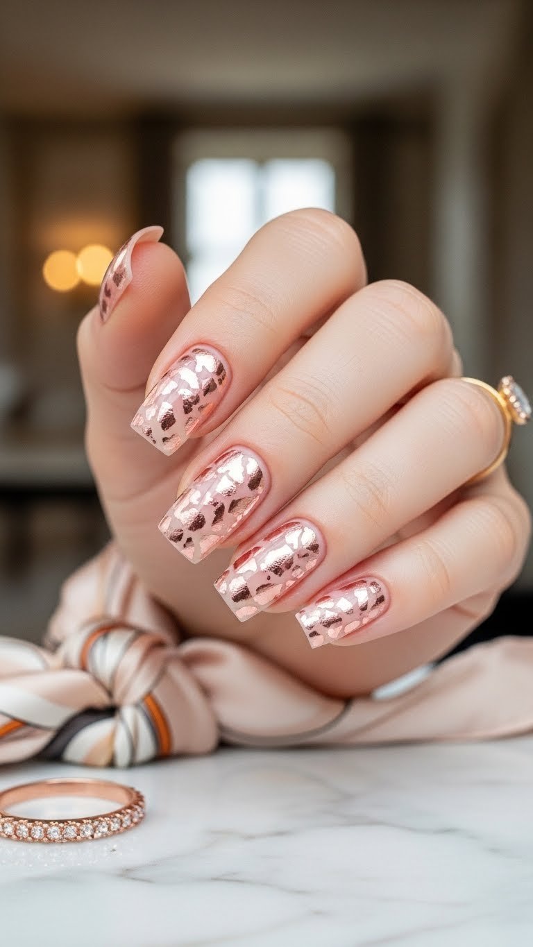 Rose gold foil detail square nails on polished marble surface with delicate rose gold ring