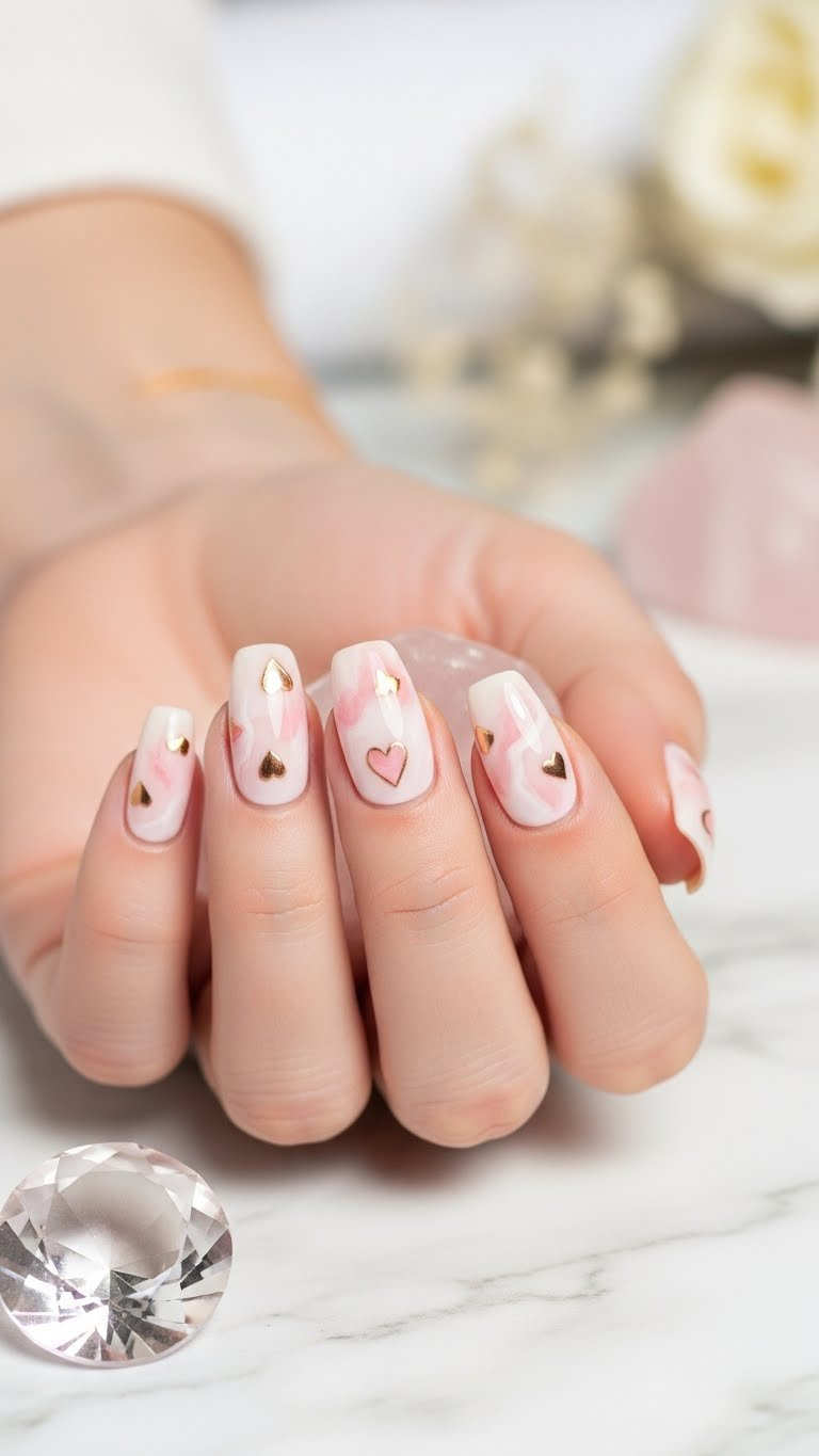 Rose quartz marbled nails with subtle heart motifs on polished white marble surface with crystal accents