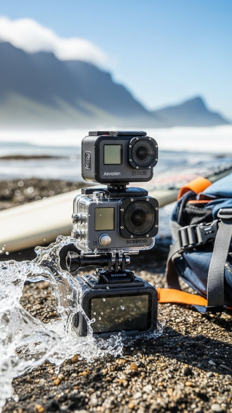 Rugged action camera mounted on bike helmet against mountain landscape backdrop for outdoor adventure