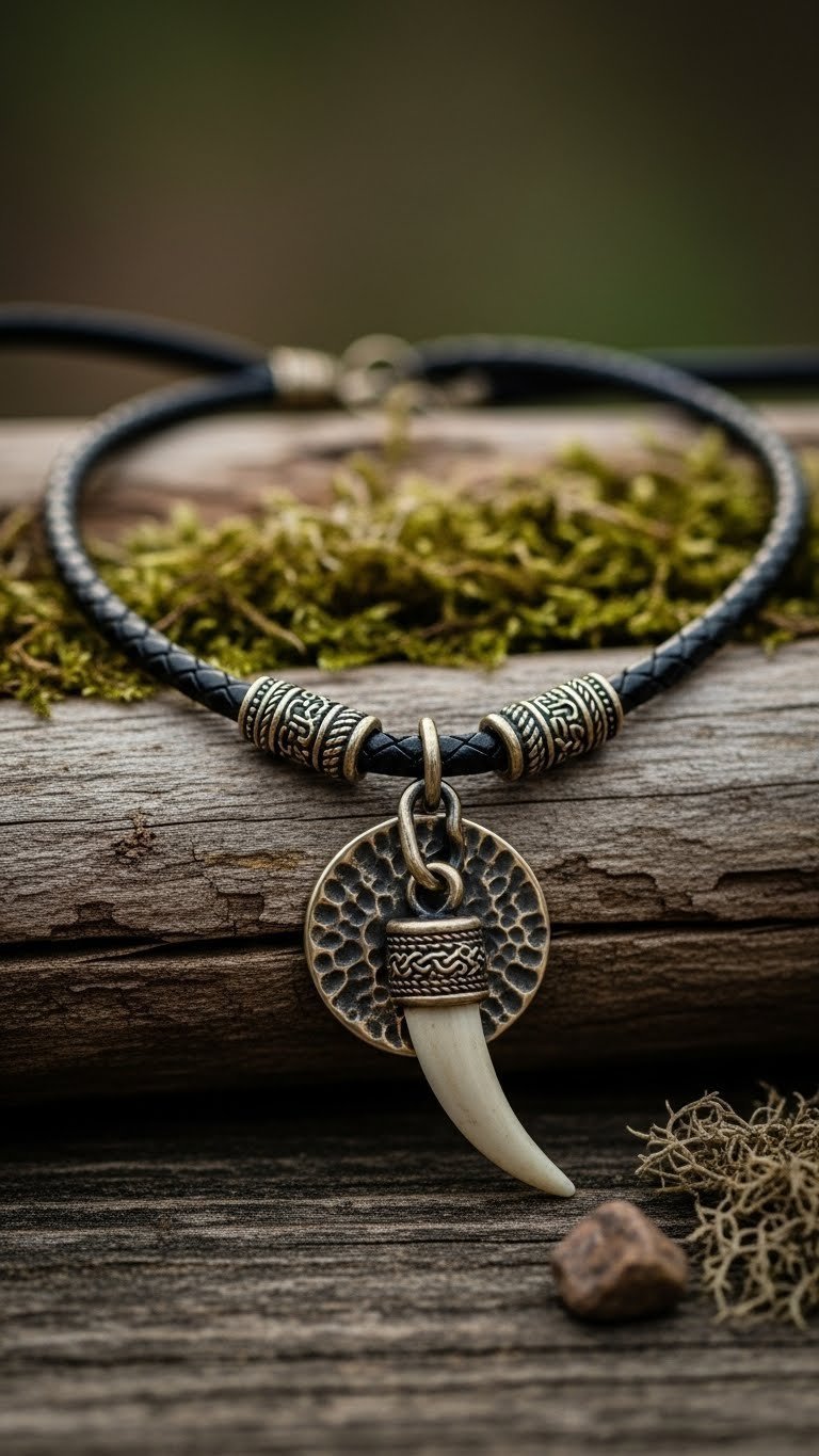 Rugged leather cord necklace with hammered metal charm on rough-hewn wood surface with dramatic golden hour shadows