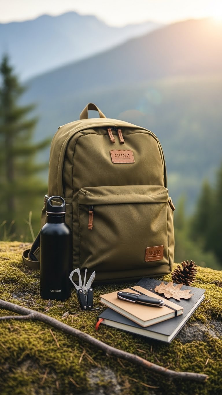 Rugged outdoor adventure gear including muted backpack, water bottle, and multi-tool arranged on natural mossy surface.