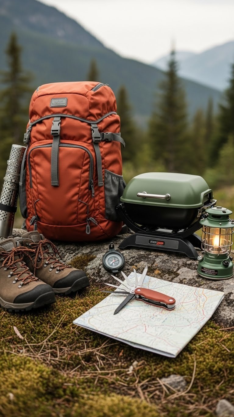 Rugged outdoor adventure gear like hiking backpack arranged on natural rocky landscape setting
