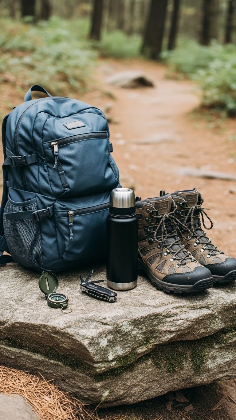 Rugged outdoor gear including hiking backpack, water bottle, and boots on natural stone