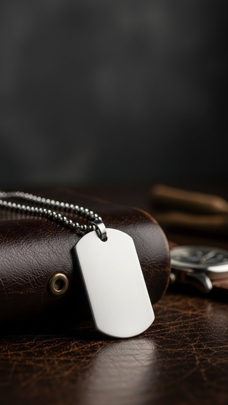 Rugged stainless steel dog tag necklace on distressed leather surface with dramatic side lighting and industrial backdrop