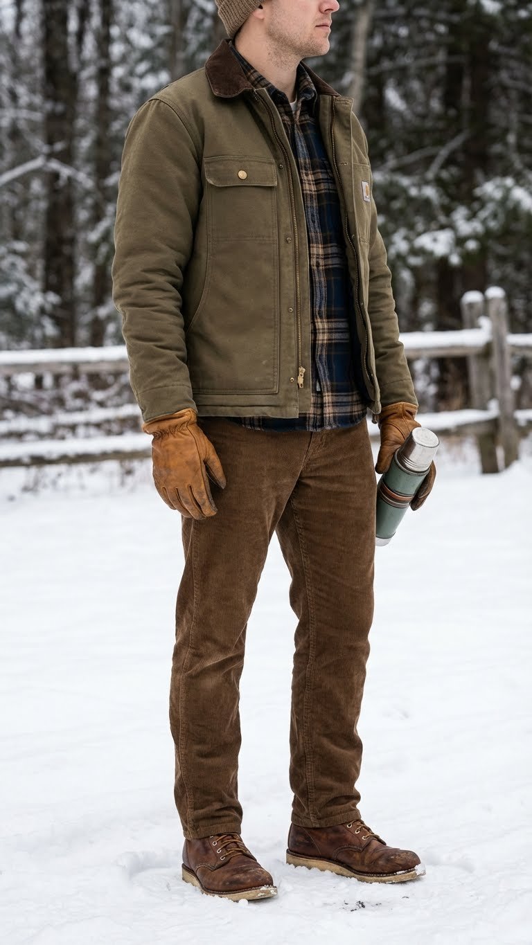 Rugged vintage utility workwear jacket, flannel shirt, corduroy pants, and leather boots in a snowy outdoor setting.
