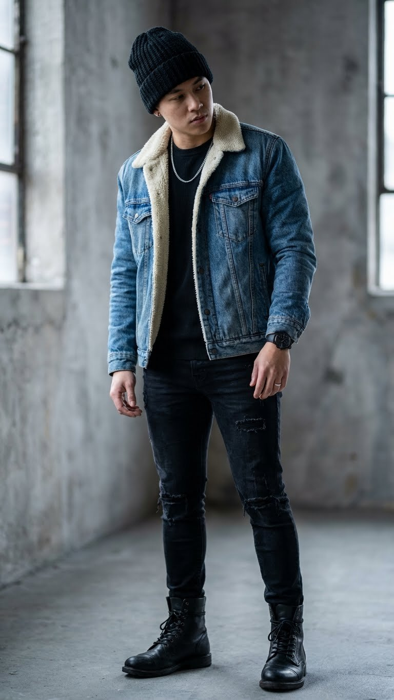 Rugged winter outfit features a vintage-wash denim jacket with shearling lining, black sweater, distressed jeans, and combat boots.