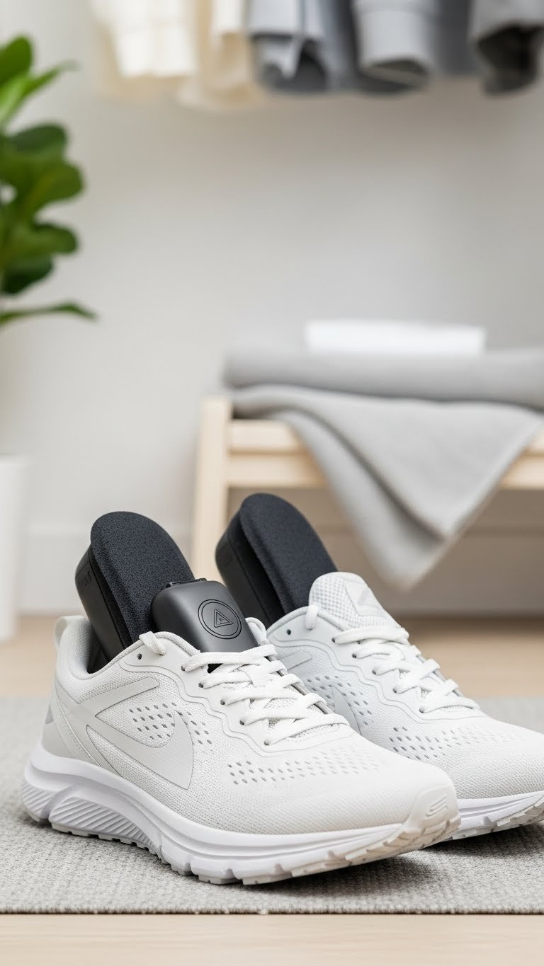 Running shoe deodorizers inside clean men's performance shoes on light wooden floor with soft background.