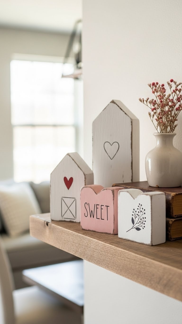 Rustic Valentine's Day shelf sitters with painted wooden blocks featuring heart motifs arranged on floating shelf