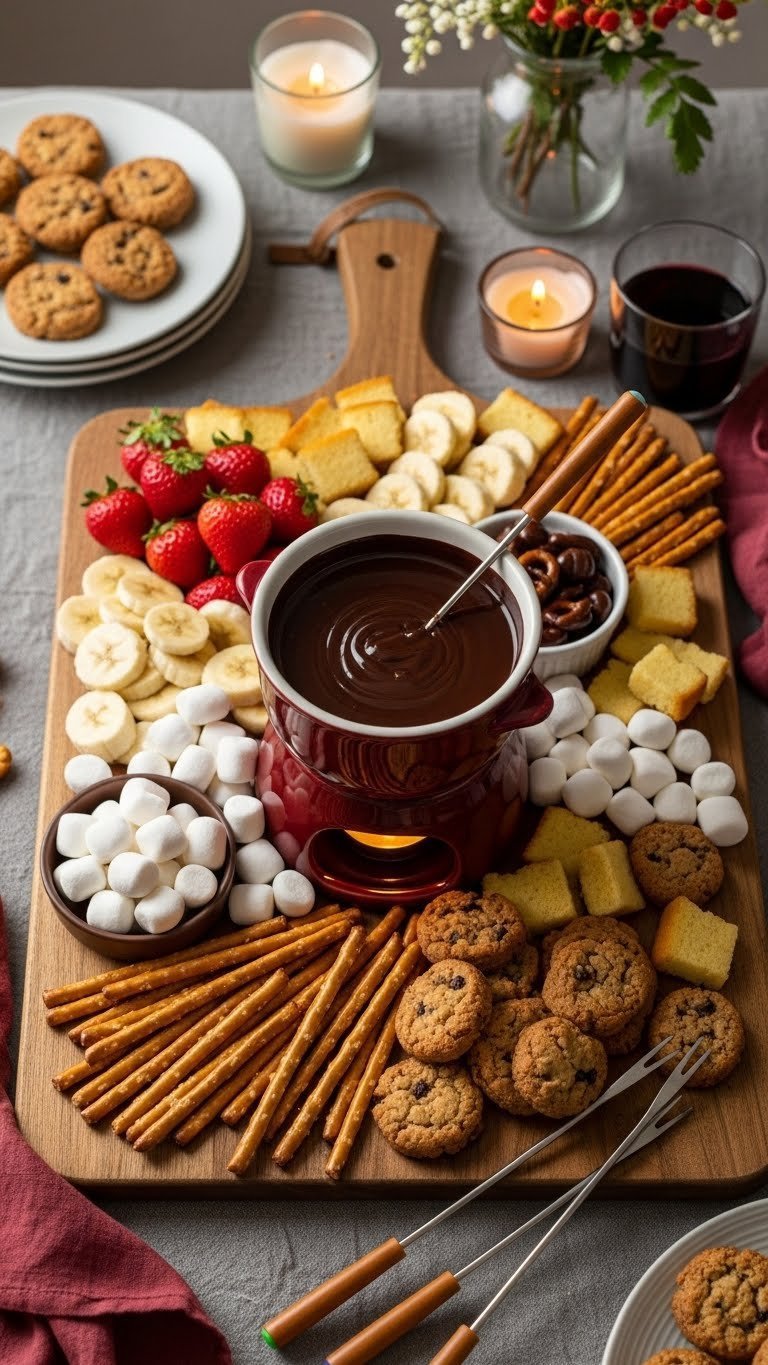 Rustic chocolate fondue board with melted chocolate pot surrounded by strawberries, marshmallows, and various dippers.