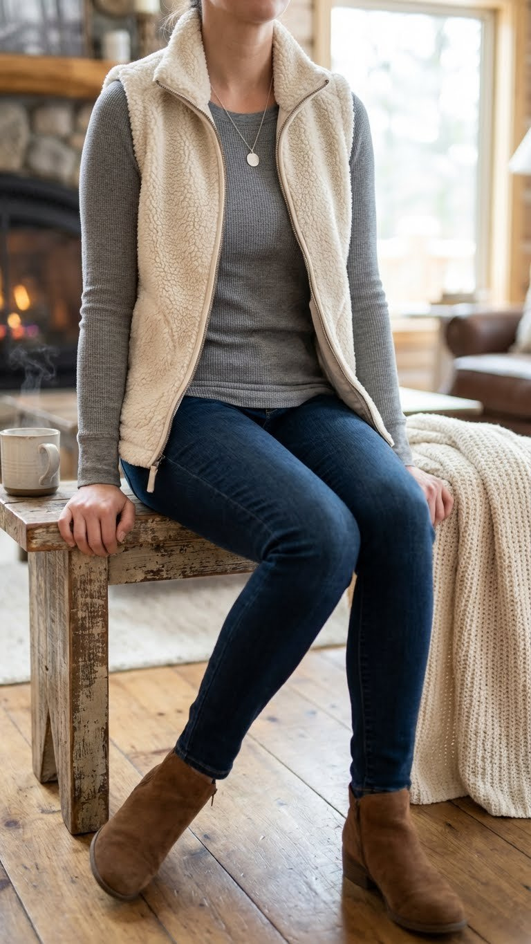 Rustic cozy winter outfit includes a cream sherpa fleece vest, heather gray thermal, dark wash jeans, and comfortable suede ankle boots.