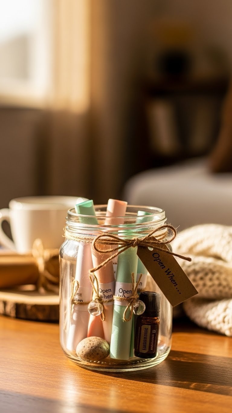 Rustic glass jar filled with colorful rolled notes and small sentimental gifts on a wooden table with natural twine.