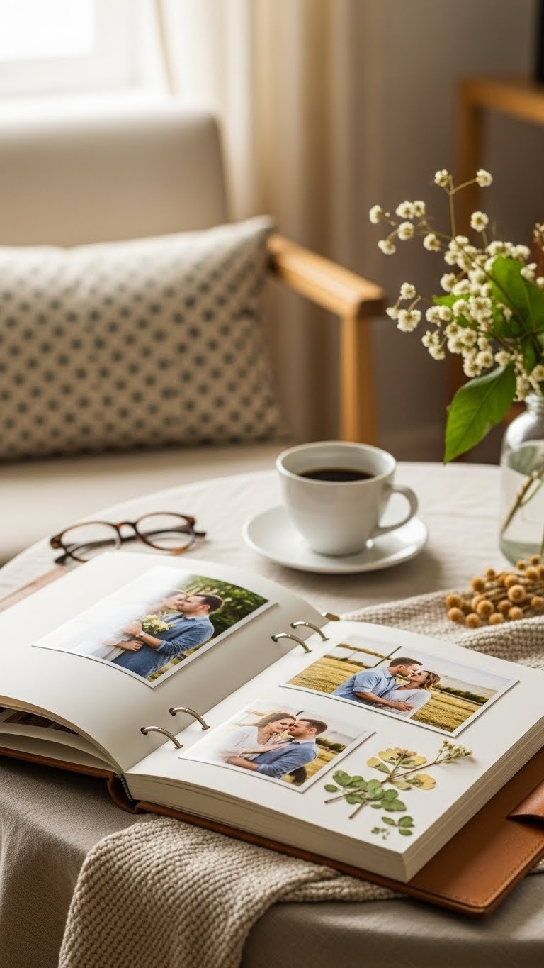 Rustic leather-bound photo album open showing couple photos on linen tablecloth with coffee cup nearby