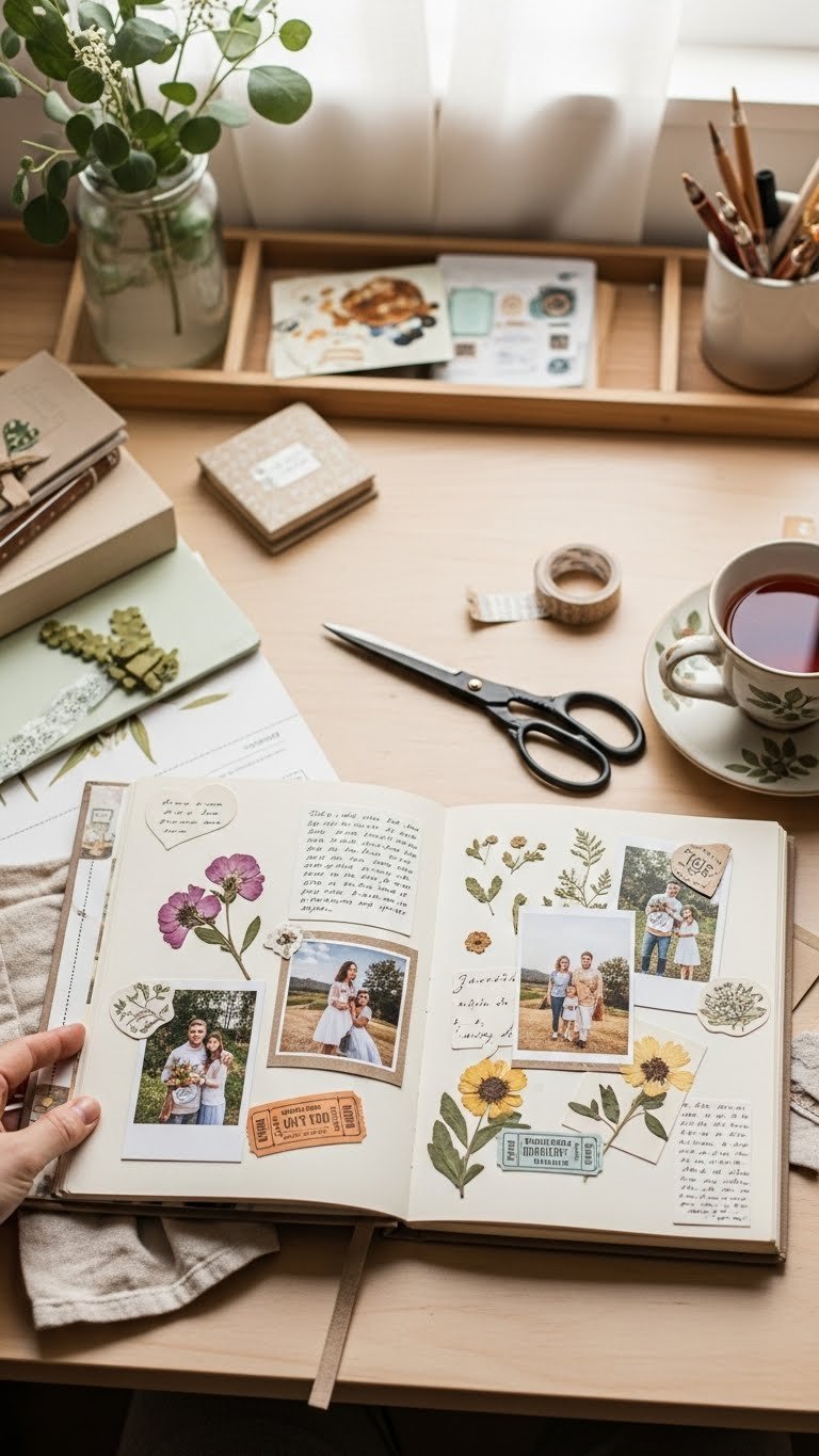 Rustic linen-bound photo album open to double-page spread with vintage photos and pressed flowers on desk