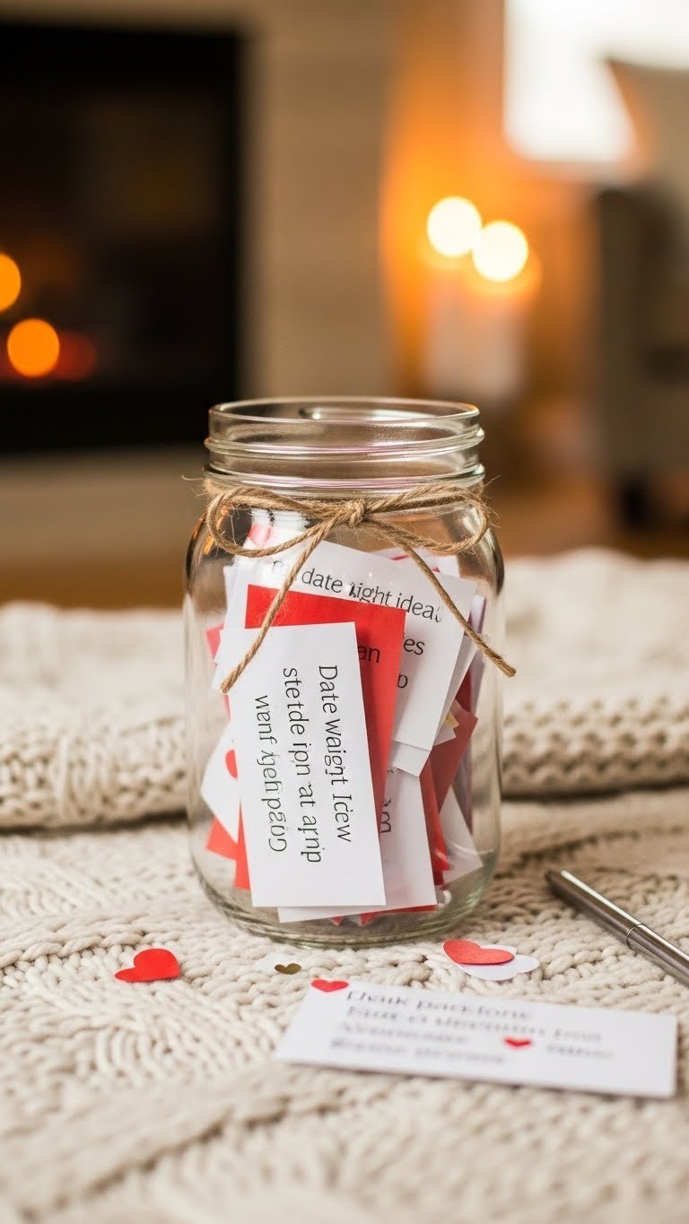 Rustic mason jar date night jar filled with colorful folded paper slips on knitted blanket with twine bow