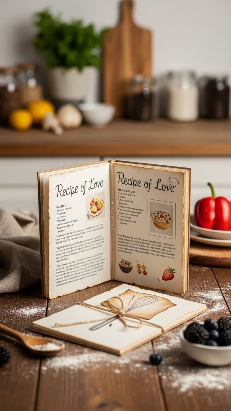 Rustic recipe of love cookbook zine with watercolor food illustrations on wooden kitchen table in soft natural light