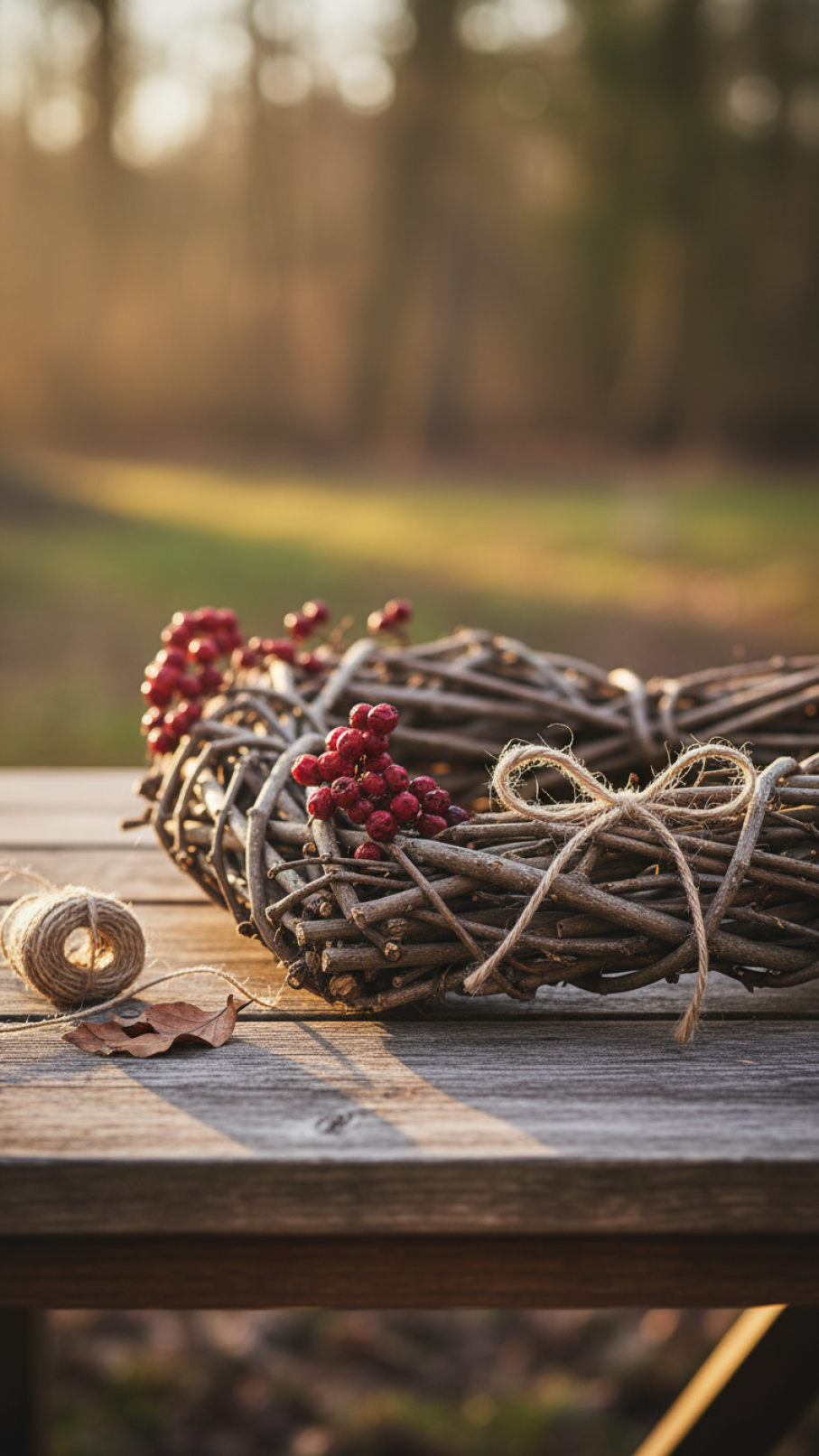 Rustic twig heart Valentine wreath with dried red berries and twine bow in natural setting.