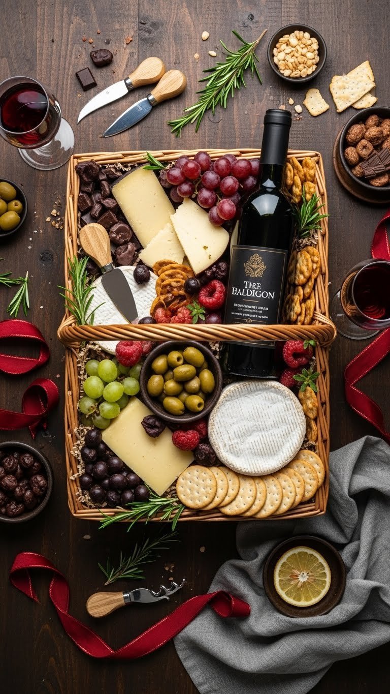 Rustic wicker basket overflowing with artisanal cheeses, wine, and gourmet crackers arrangement