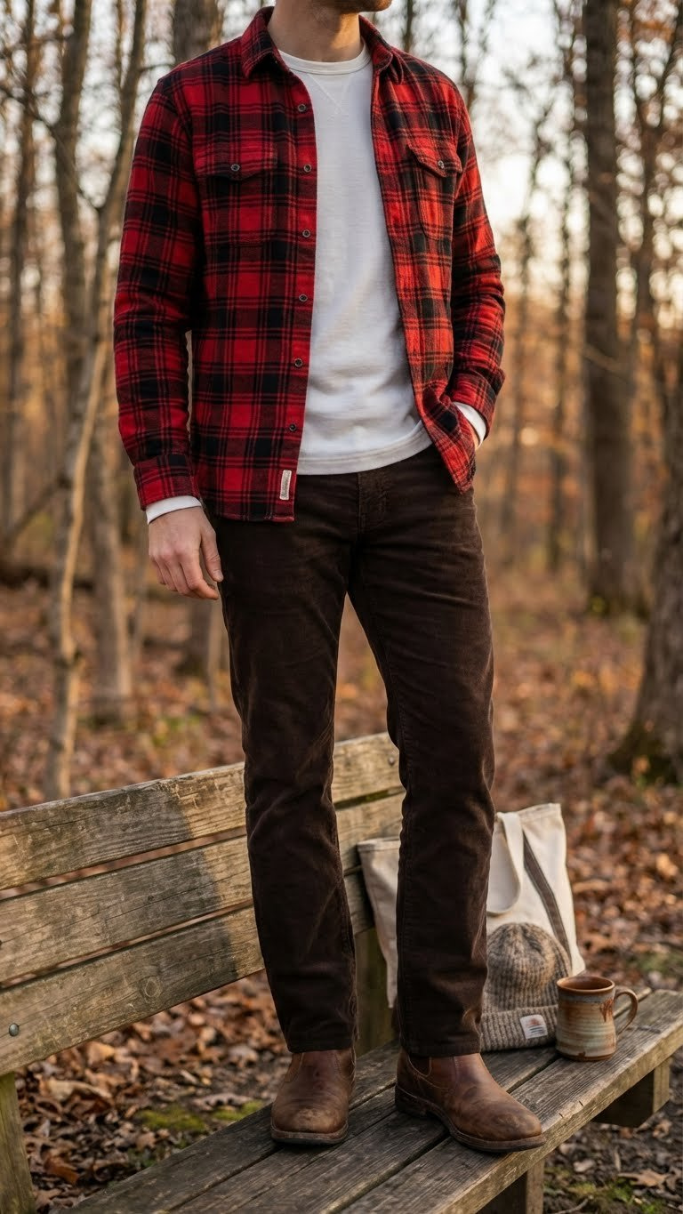 Rustic winter outfit featuring a red and black plaid flannel shirt, white tee, dark brown corduroy pants, and rugged leather boots.