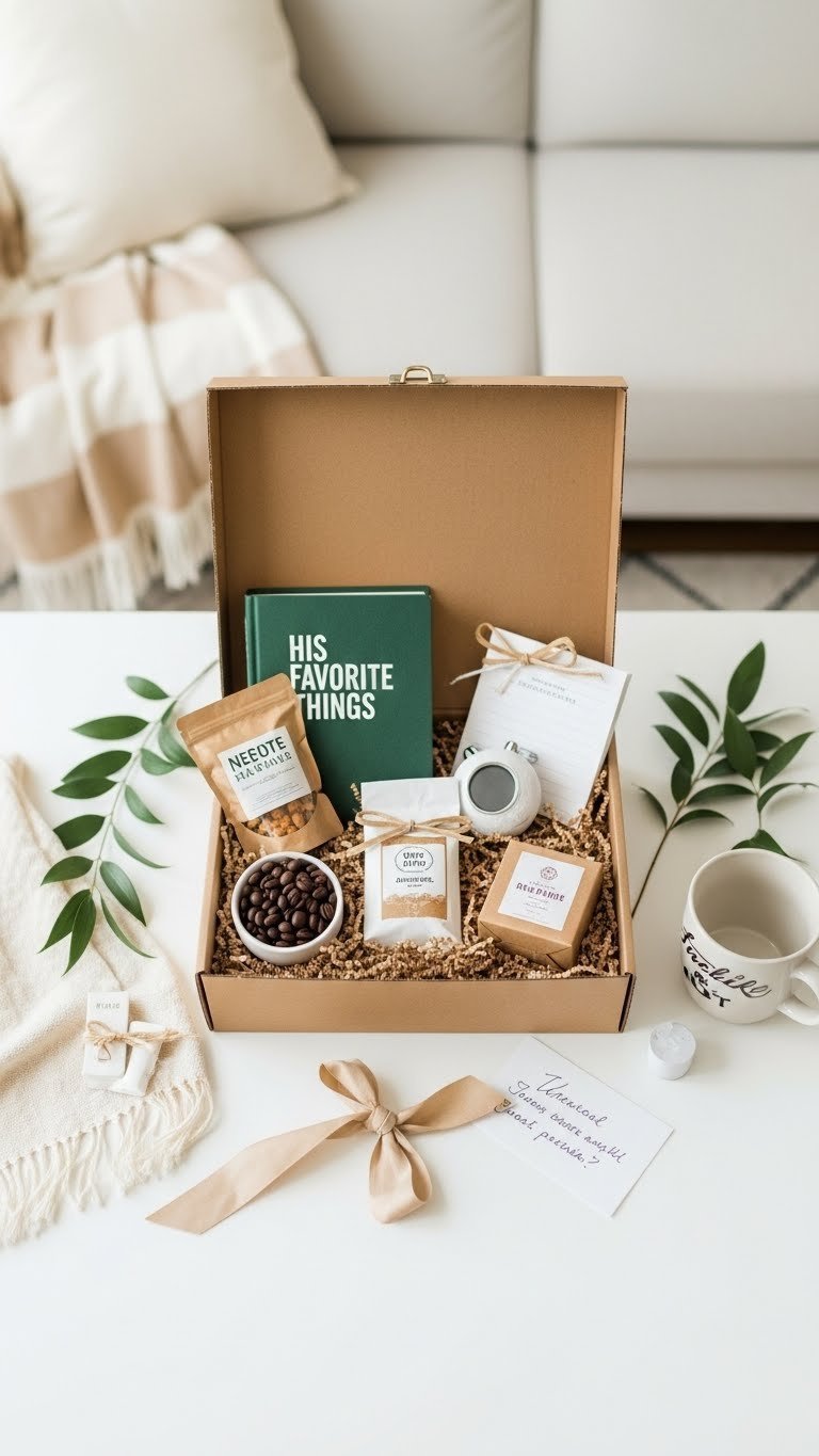 Rustic wooden crate care package filled with gourmet coffee, books, snacks, and handwritten note on white surface.
