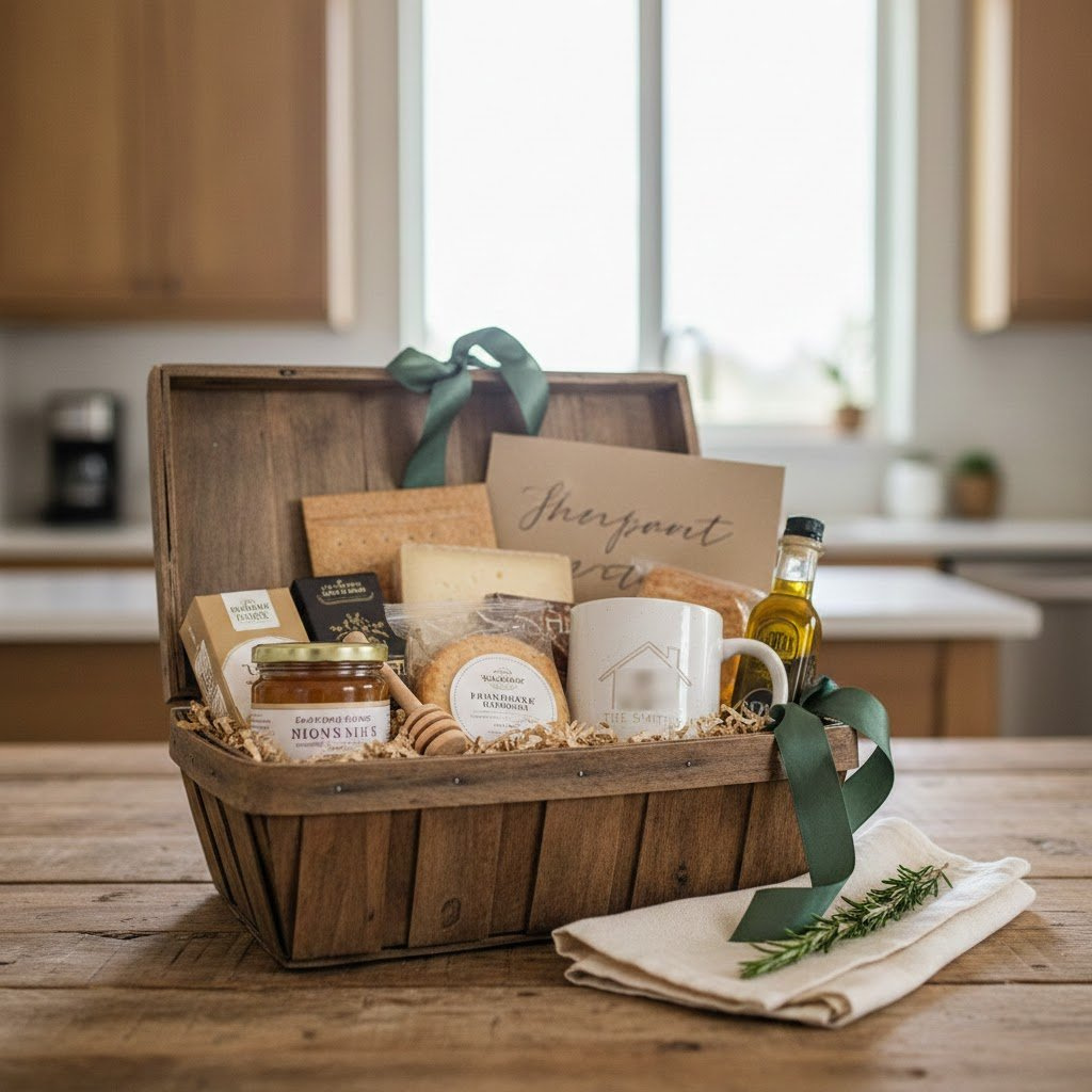 Rustic wooden gift basket overflowing with gourmet local foods and personalized realtor closing gift items