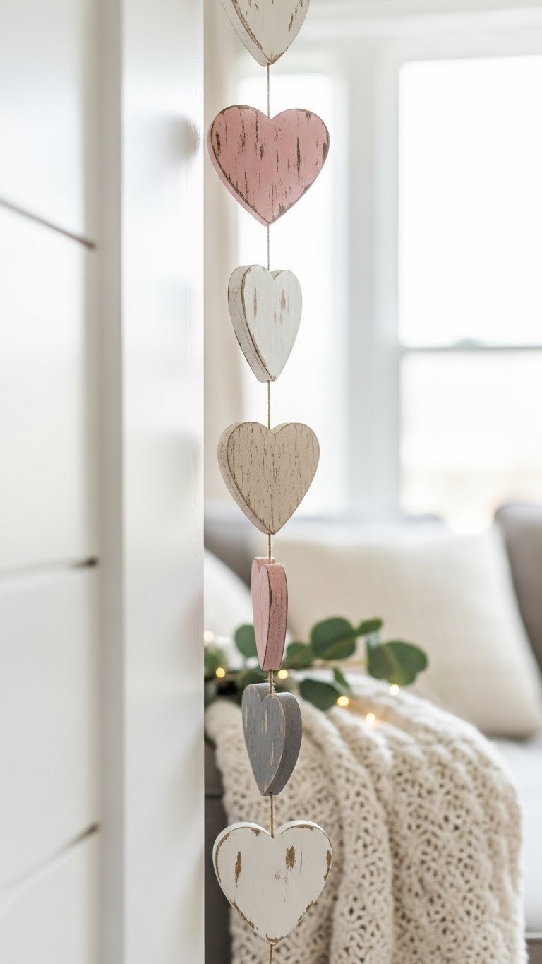 Rustic wooden heart garland with distressed pink, cream, and grey hearts hanging against white shiplap wall with soft natural lighting
