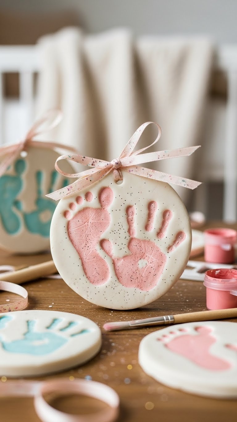 Salt dough handprint keepsakes with child prints painted in soft pastel colors on rustic wooden table