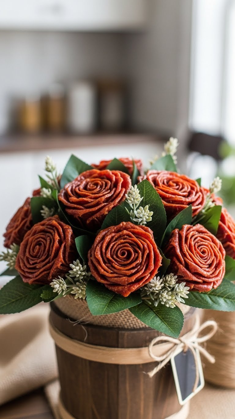 Savory jerky flower bouquet artfully arranged with reddish-brown jerky roses in rustic wooden bucket against soft bokeh background