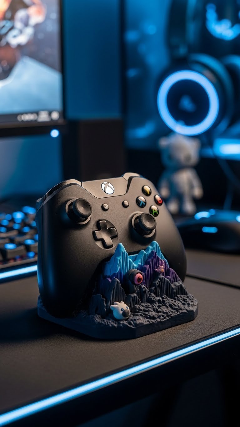Sculpted polymer clay gaming controller holder with Xbox controller resting on black gaming desk.