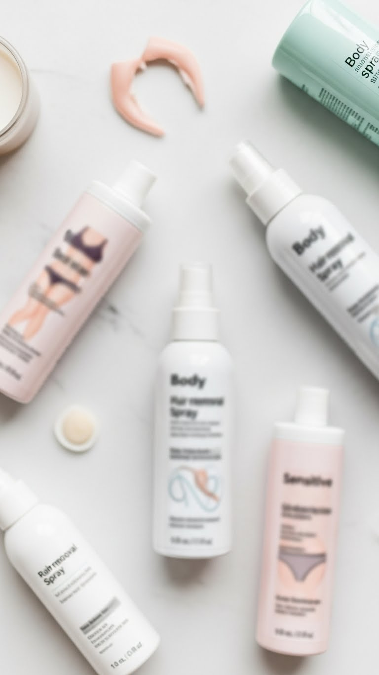 Selection of hair removal spray bottles grouped with icons suggesting different body part usage