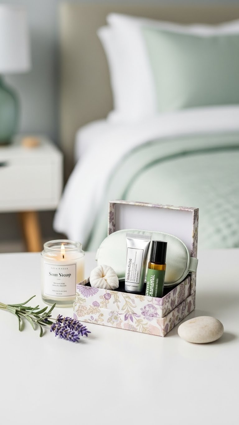 Self-care mini kit with candle and hand cream arranged on white surface in serene setting