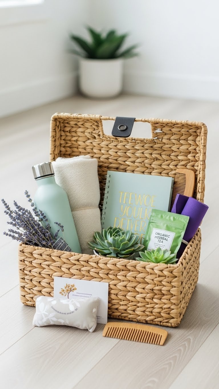 Self-care wellness basket with yoga towel, resistance band, herbal tea, and succulent plant on minimalist wooden floor