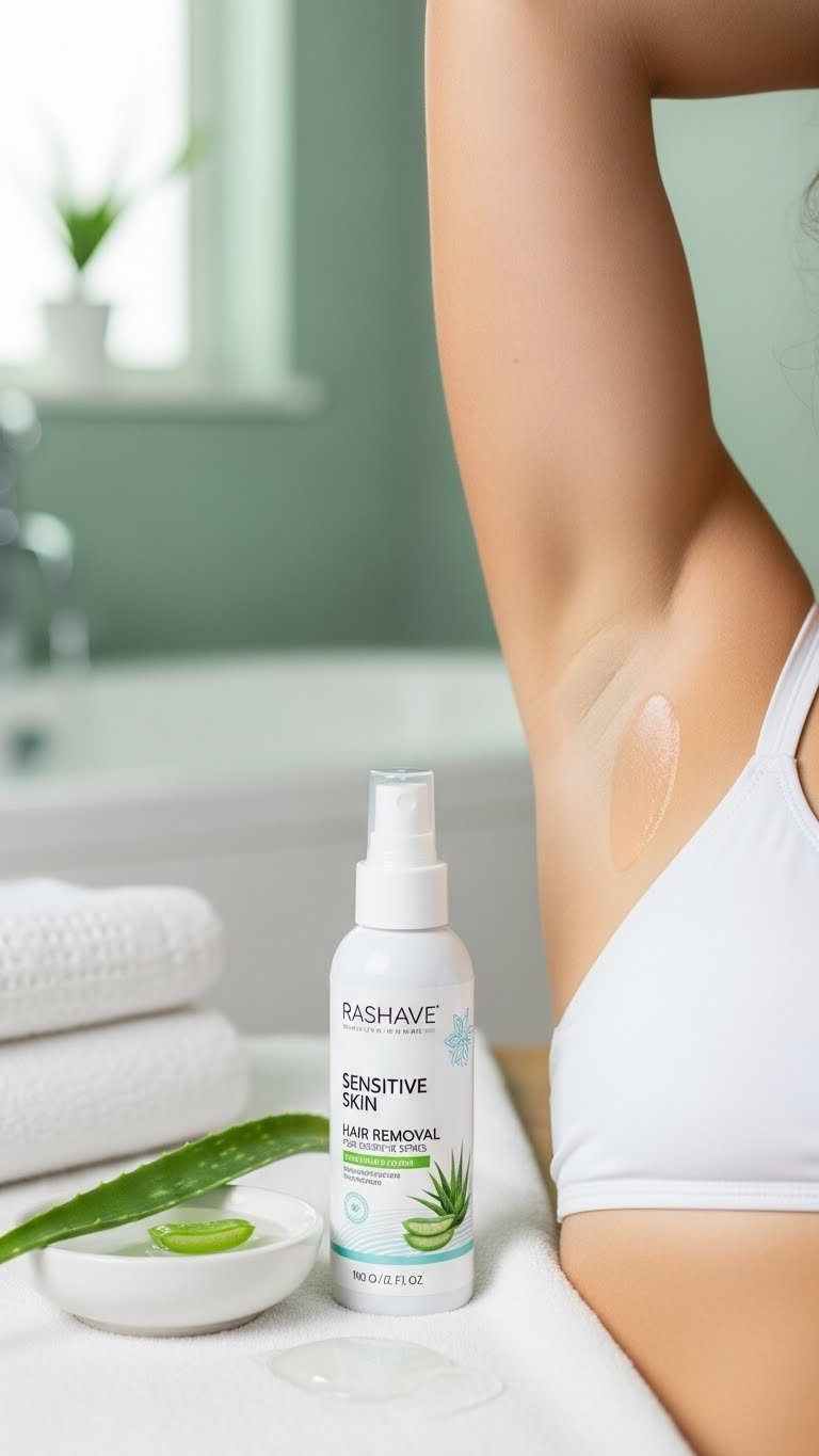 Sensitive skin hair removal spray bottle with aloe vera next to smooth bikini area skin