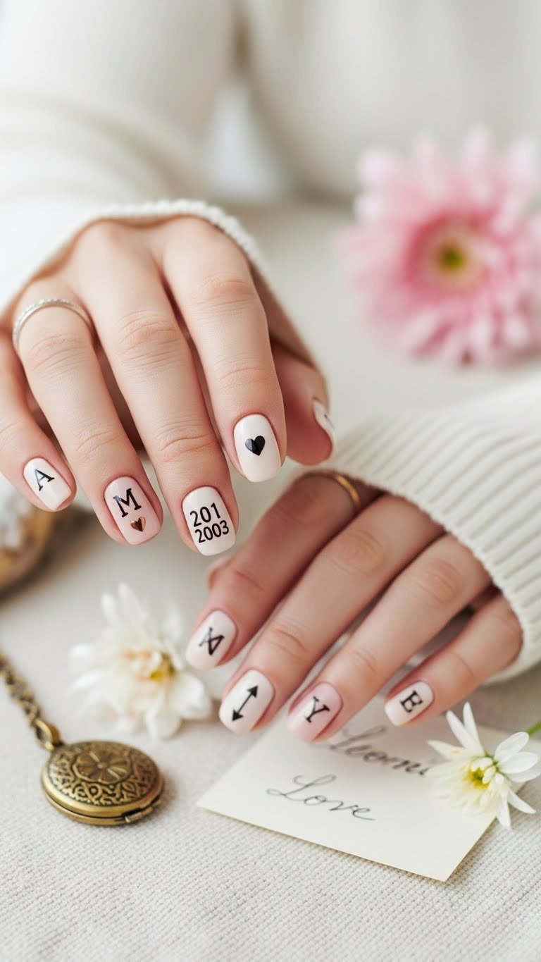Sentimental love story nails featuring initials, hearts, and symbols across fingertips on cream and rose gold palette