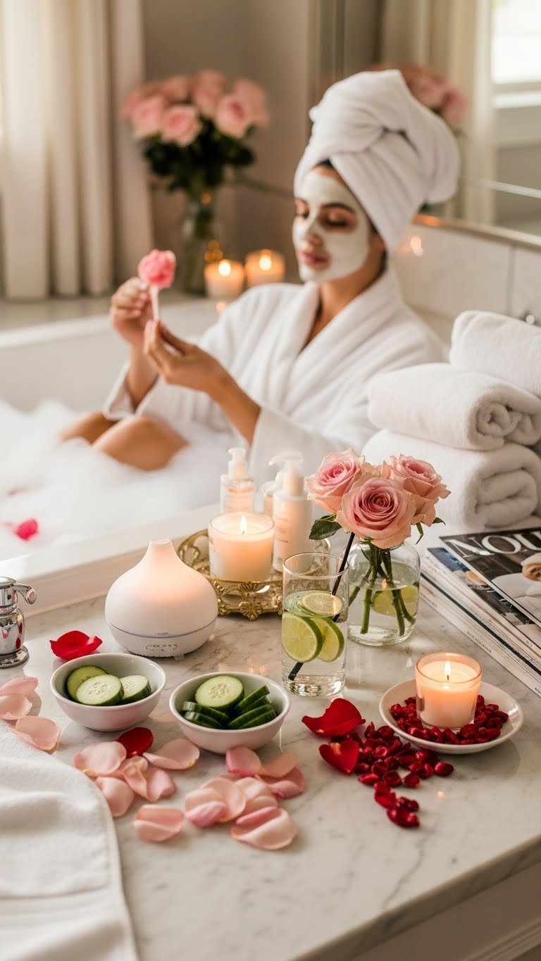 Serene Valentine's Day spa day pamper party with rose petals, scented candles, skincare products, and relaxing atmosphere