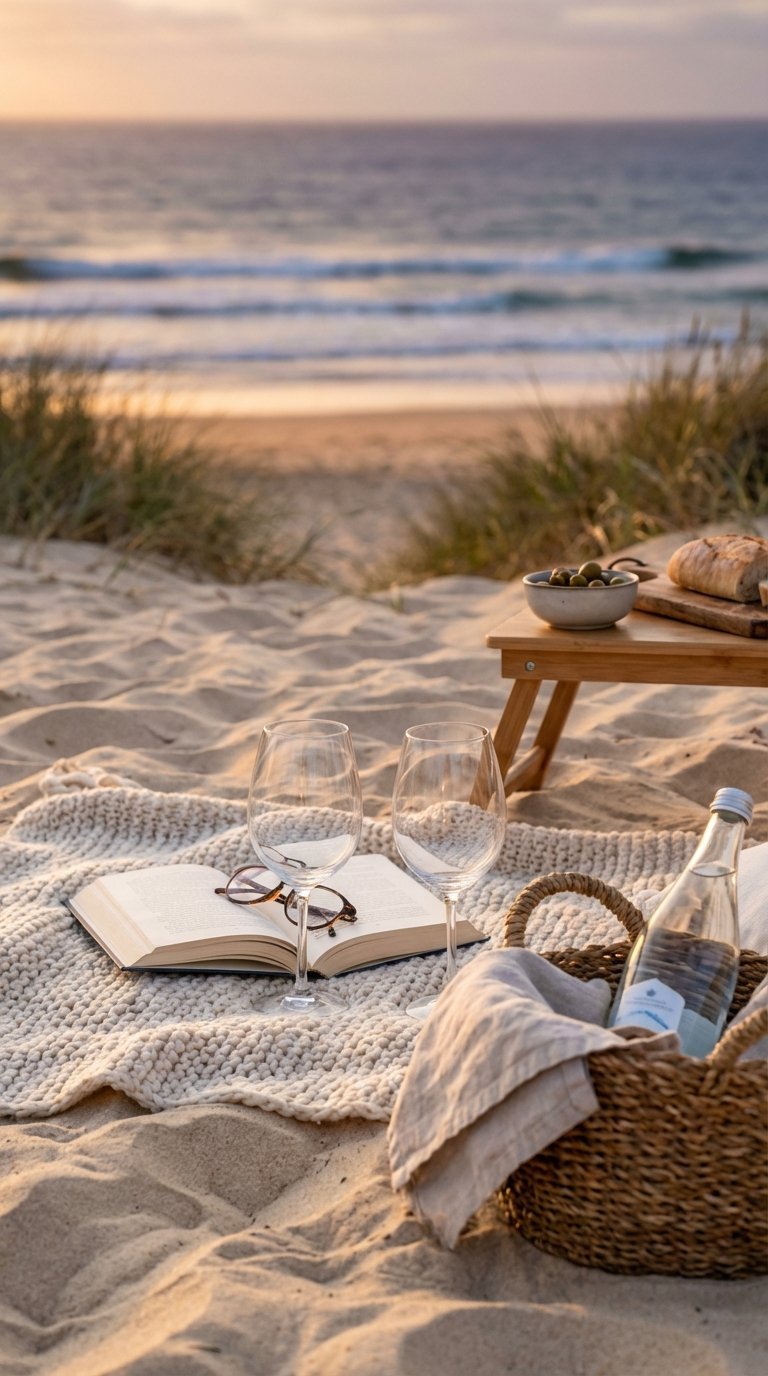 Serene beach getaway scene with wine glasses and blanket on soft sand during golden hour sunset.
