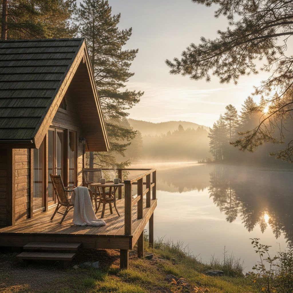 Serene cabin getaway by calm lake at sunrise with coffee mugs on balcony overlooking water
