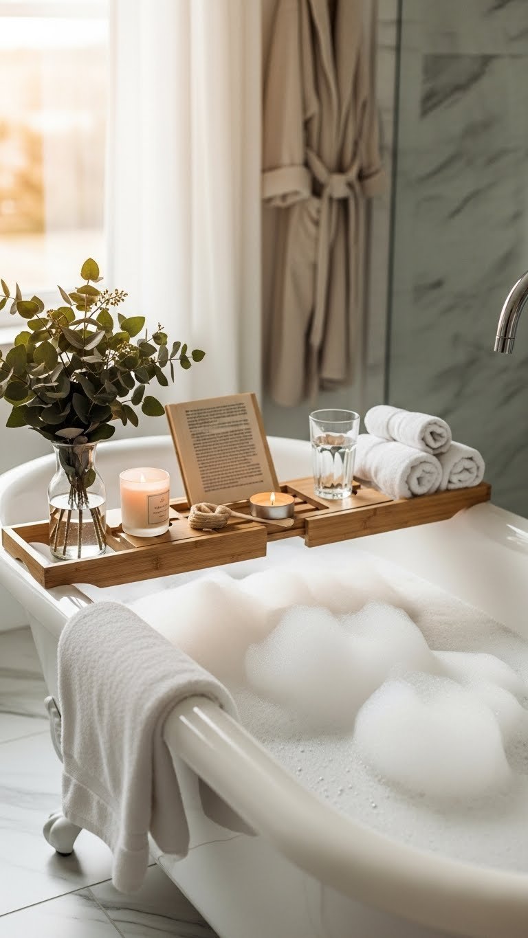 Serene clawfoot bathtub with wooden caddy holding candle and book in luxurious marble bathroom spa setting