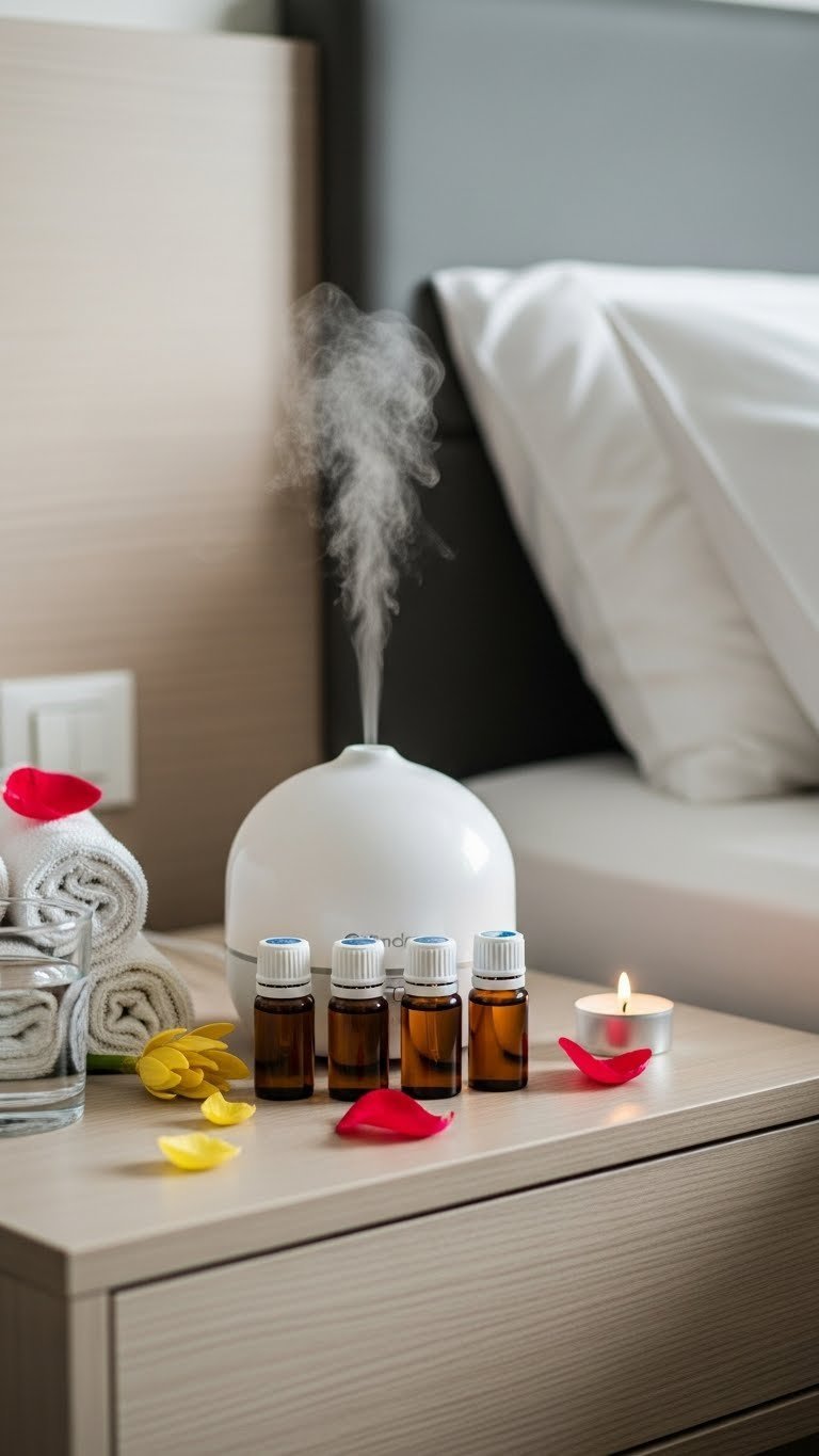 Serene hotel bedside setup with modern essential oil diffuser emitting mist and romantic oils on minimalist nightstand