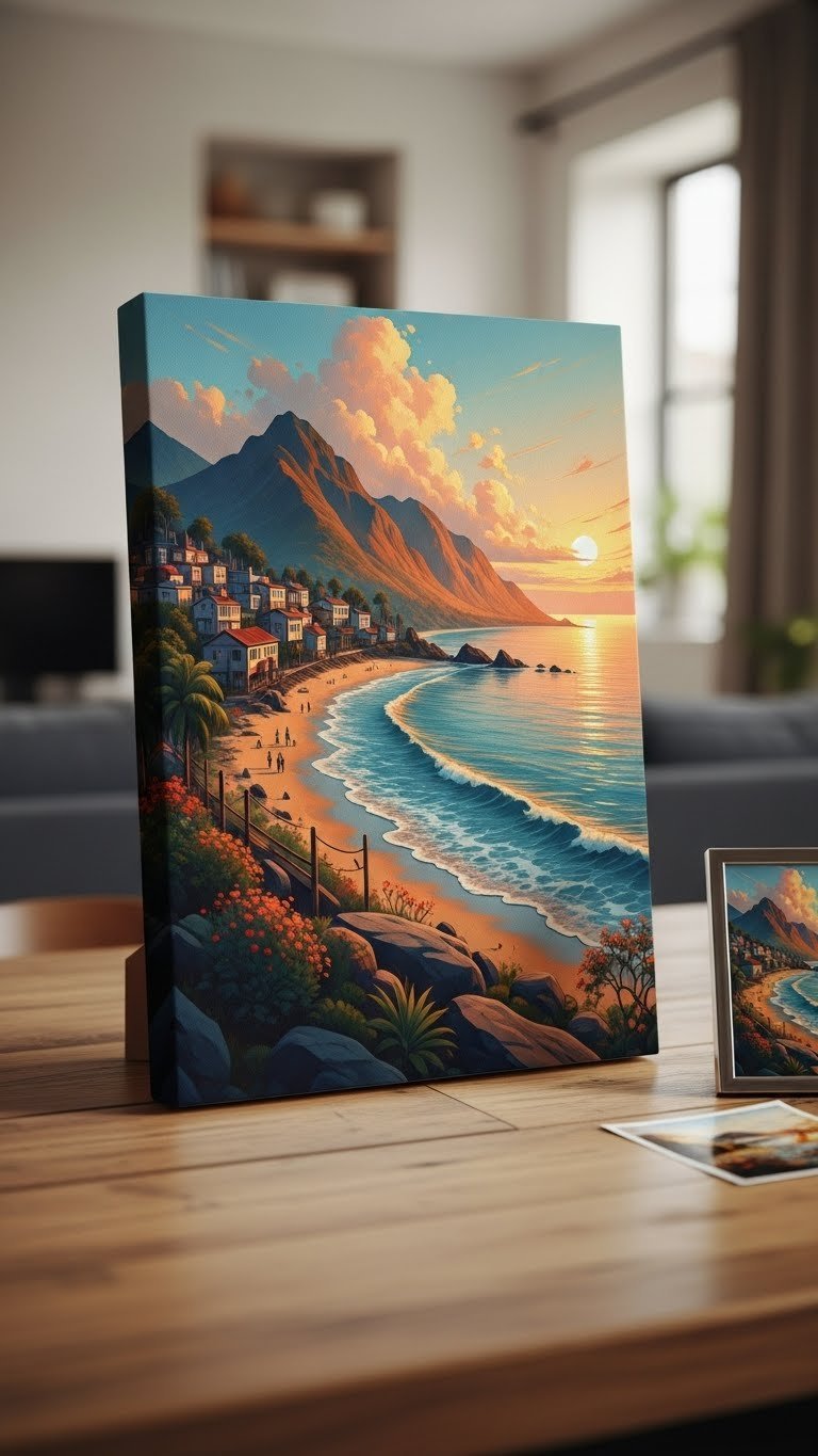 Serene landscape painting canvas of scenic beach or mountain location with atmospheric lighting and warm colors.