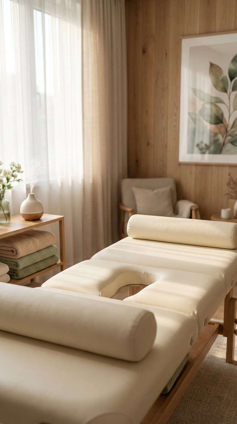Serene prenatal massage room with specialized table, soft lighting, and calming spa decor