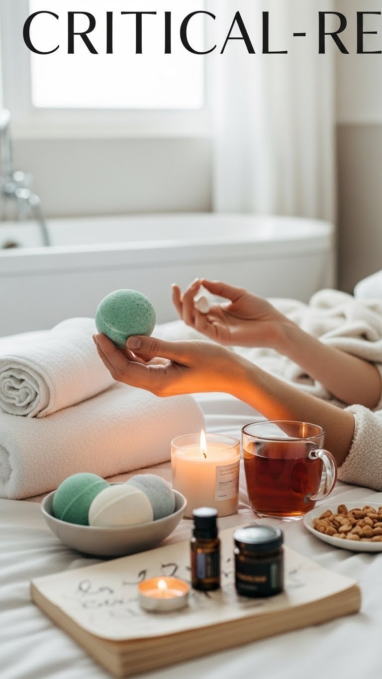 Serene self-care scene with bubble bath, natural bath bombs, and calming elements in spa-like bathroom.
