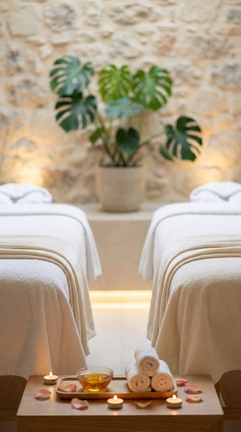 Serene spa setting with two massage beds draped in white towels ready for couples massage.