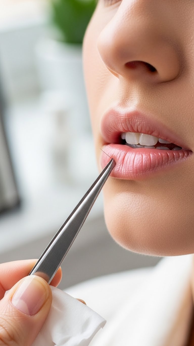 Sharp-tipped tweezers plucking single hair from woman's upper lip with precise grooming action