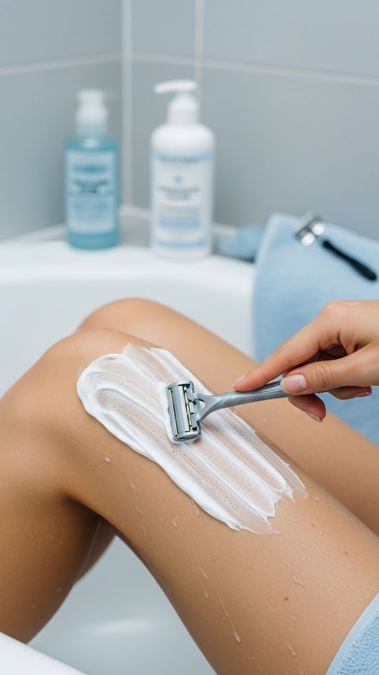 Shaving routine for sensitive skin using gentle razor with creamy shaving cream on smooth leg